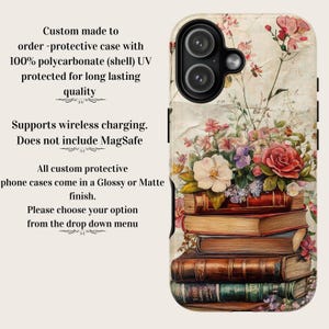 Bookish iPhone case with vintage floral design and stacked books illustration, perfect for literary girls, book lovers, readers, and cottagecore aesthetic fans; ideal graduation or sister gift.