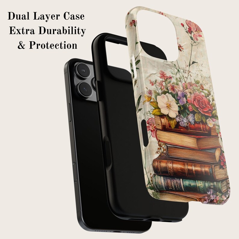Bookish iPhone case with vintage floral design and stacked books illustration, perfect for literary girls, book lovers, readers, and cottagecore aesthetic fans; ideal graduation or sister gift.