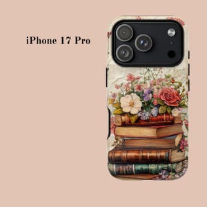 Bookish iPhone case with vintage floral design and stacked books illustration, perfect for literary girls, book lovers, readers, and cottagecore aesthetic fans; ideal graduation or sister gift.