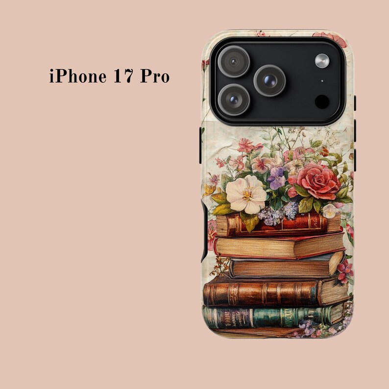 Bookish iPhone case with vintage floral design and stacked books illustration, perfect for literary girls, book lovers, readers, and cottagecore aesthetic fans; ideal graduation or sister gift.