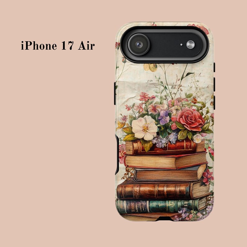 Bookish iPhone case with vintage floral design and stacked books illustration, perfect for literary girls, book lovers, readers, and cottagecore aesthetic fans; ideal graduation or sister gift.
