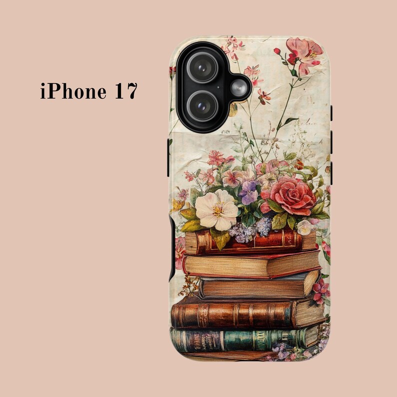 Bookish iPhone case with vintage floral design and stacked books illustration, perfect for literary girls, book lovers, readers, and cottagecore aesthetic fans; ideal graduation or sister gift.