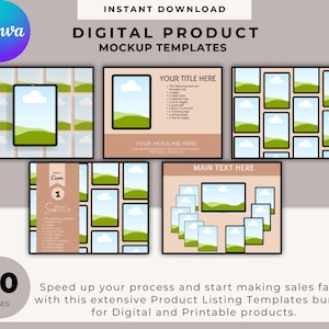 May include: A set of 80 digital product mockup templates for Etsy listings. The templates feature a green and blue landscape design with a white cloud. The text "YOUR TITLE HERE", "YOUR HEADLINE HERE", and "MAIN TEXT HERE" is included in the templates.