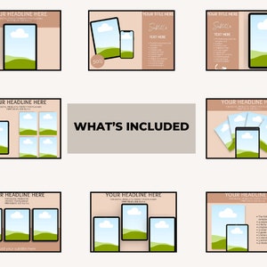 May include: A digital product mockup template featuring a tablet and phone with a landscape scene of a green hill and blue sky with a white cloud. The text "WHAT'S INCLUDED" is displayed in a gray box. The template is perfect for showcasing digital products like planners, worksheets, and ebooks.