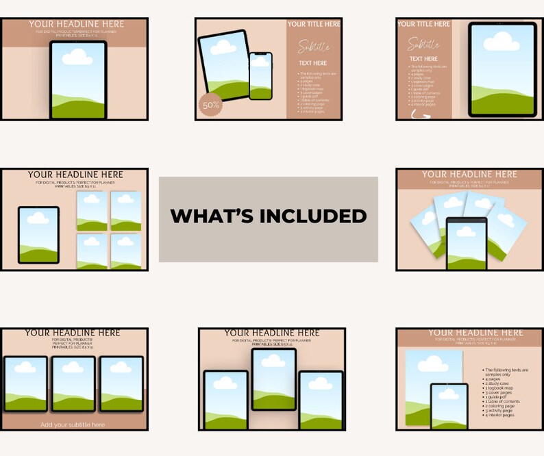 May include: A digital product mockup template featuring a tablet and phone with a landscape scene of a green hill and blue sky with a white cloud. The text "WHAT'S INCLUDED" is displayed in a gray box. The template is perfect for showcasing digital products like planners, worksheets, and ebooks.