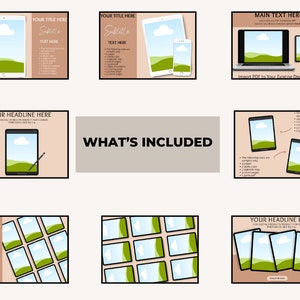 May include: A digital planner template with a landscape scene of green hills and a blue sky with white clouds. The template is shown on a tablet, phone, and laptop. The text "Import PDF to Your Existing Digital Planner" is included. The text "WHAT'S INCLUDED" is also included.