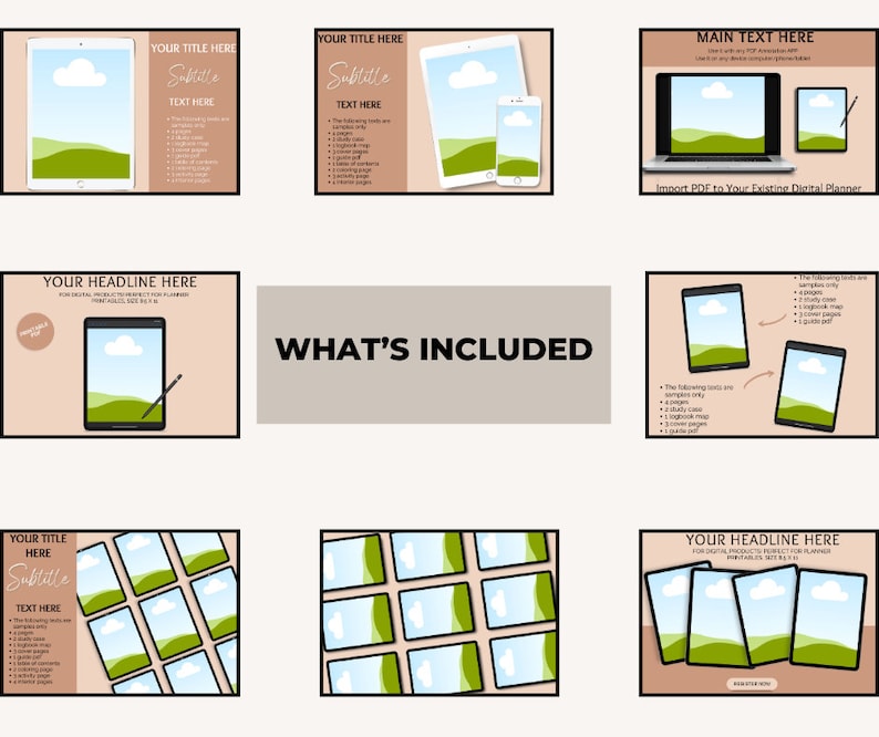 May include: A digital planner template with a landscape scene of green hills and a blue sky with white clouds. The template is shown on a tablet, phone, and laptop. The text "Import PDF to Your Existing Digital Planner" is included. The text "WHAT'S INCLUDED" is also included.