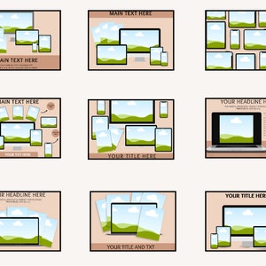 May include: A collection of nine mockups showing different devices displaying a landscape image of a green field with a blue sky and white clouds. The devices include a desktop computer, laptop, tablet, and smartphone. The mockups are arranged in a grid pattern on a light brown background.