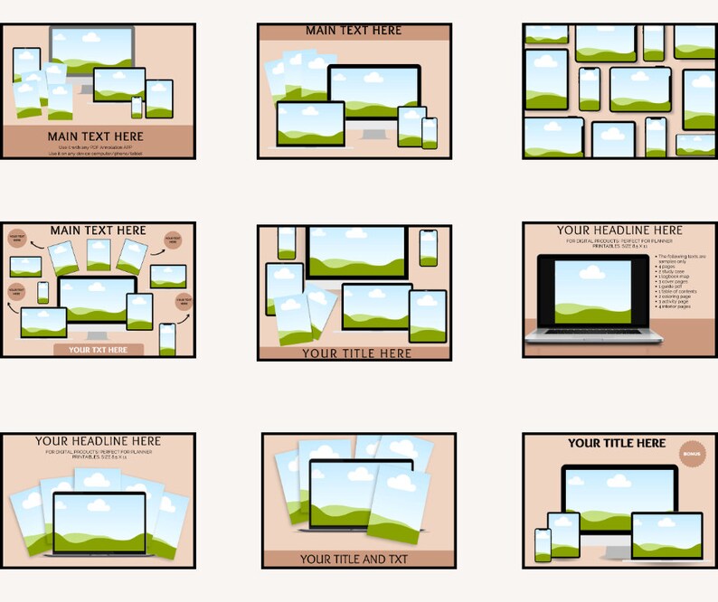 May include: A collection of nine mockups showing different devices displaying a landscape image of a green field with a blue sky and white clouds. The devices include a desktop computer, laptop, tablet, and smartphone. The mockups are arranged in a grid pattern on a light brown background.