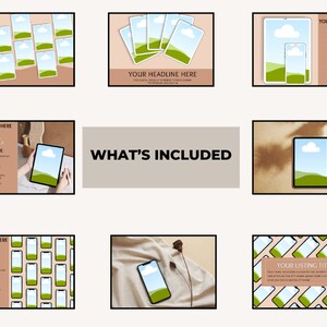 May include: A set of digital mockups featuring a phone and tablet with a green landscape and a white cloud. The mockups are displayed on various backgrounds, including a beige surface, a white fabric, and a brown surface with a shadow.