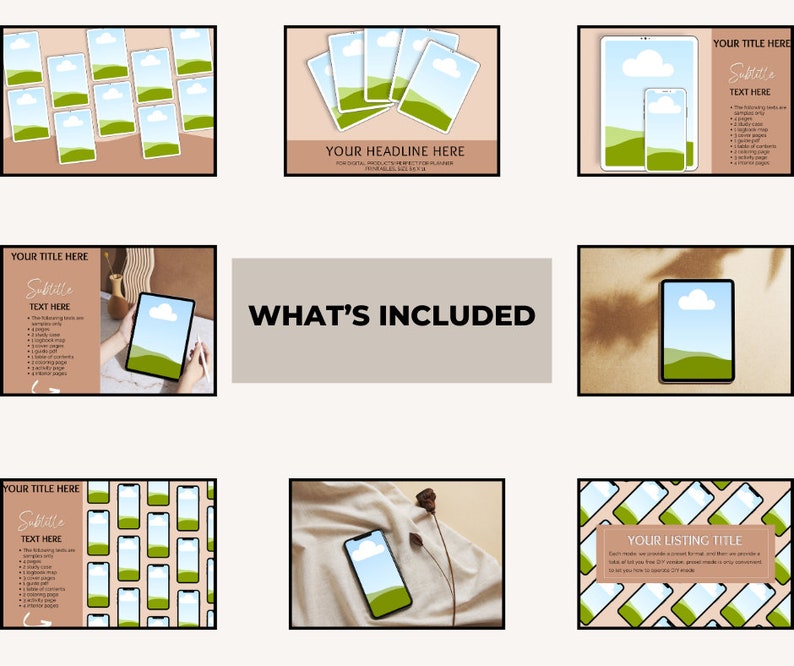 May include: A set of digital mockups featuring a phone and tablet with a green landscape and a white cloud. The mockups are displayed on various backgrounds, including a beige surface, a white fabric, and a brown surface with a shadow.