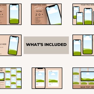 May include: A digital product mockup template featuring 11 different phone screen designs. The designs feature a green hill, blue sky, and white clouds. The text "WHAT'S INCLUDED" is displayed in a large, bold font. The text "YOUR TITLE HERE" is also displayed in a smaller font. The text "MAIN TEXT HERE" is displayed in a smaller font.