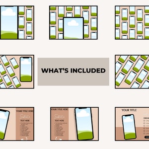 May include: A digital product mockup template featuring a smartphone with a green and blue landscape background. The template includes 4 pages, 1 guide, 1 cover, 1 card, 3 divider pages, and 1 filter page. The text "What's Included" is displayed in a brown rectangle.
