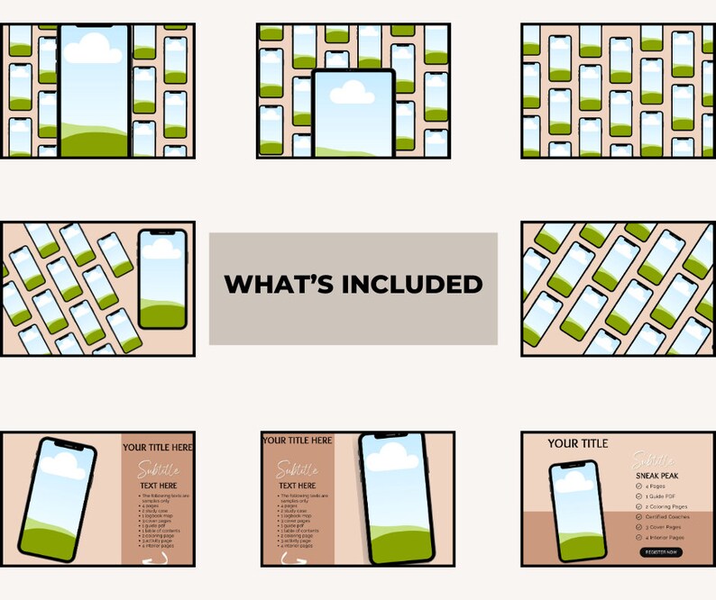 May include: A digital product mockup template featuring a smartphone with a green and blue landscape background. The template includes 4 pages, 1 guide, 1 cover, 1 card, 3 divider pages, and 1 filter page. The text "What's Included" is displayed in a brown rectangle.