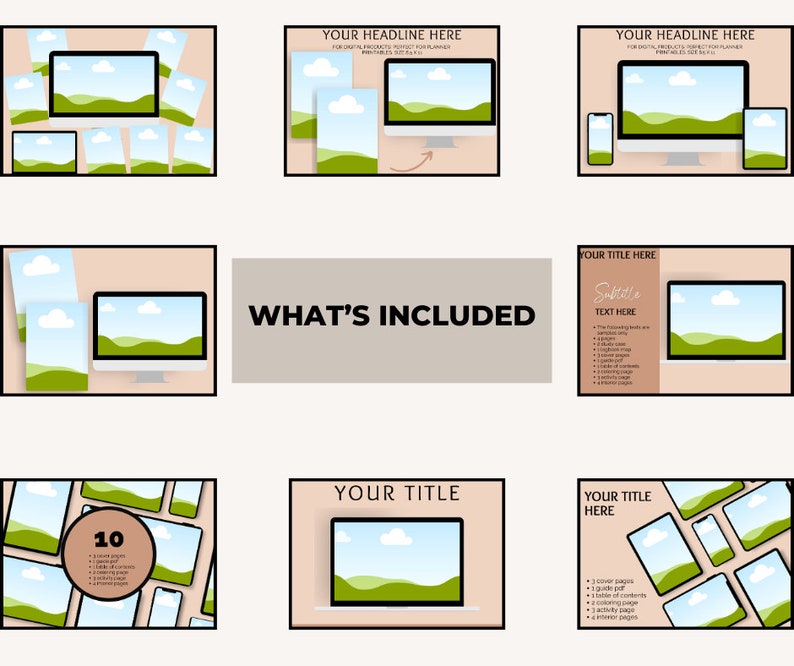 May include: A digital planner mockup with a landscape design. The planner includes 10 pages, a guide, a table of contents, coloring pages, and interior pages. The mockup shows a computer screen, a phone, and a tablet.