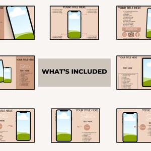 May include: A set of nine digital product mockups featuring a smartphone with a landscape view of a green field and a blue sky with a white cloud. The mockups are displayed on a light brown background with text that says "YOUR TITLE HERE" and "Subtitle TEXT HERE". The text lists the contents of the digital product, including coloring pages, activity pages, and a game.