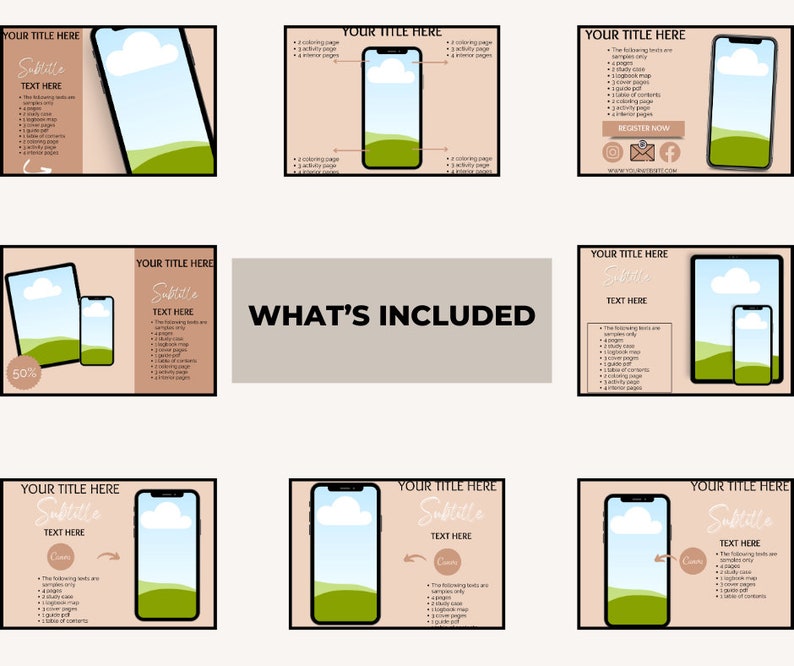 May include: A set of nine digital product mockups featuring a smartphone with a landscape view of a green field and a blue sky with a white cloud. The mockups are displayed on a light brown background with text that says "YOUR TITLE HERE" and "Subtitle TEXT HERE". The text lists the contents of the digital product, including coloring pages, activity pages, and a game.