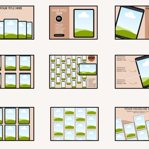 May include: A digital product mockup template featuring a phone screen with a green landscape and a blue sky with white clouds. The template is perfect for showcasing digital products like planners, ebooks, and social media graphics.