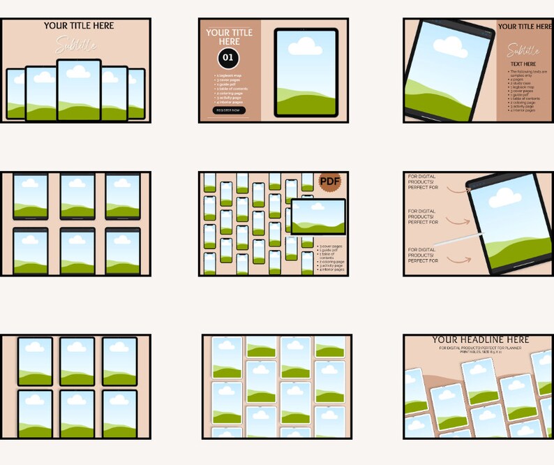 May include: A digital product mockup template featuring a phone screen with a green landscape and a blue sky with white clouds. The template is perfect for showcasing digital products like planners, ebooks, and social media graphics.