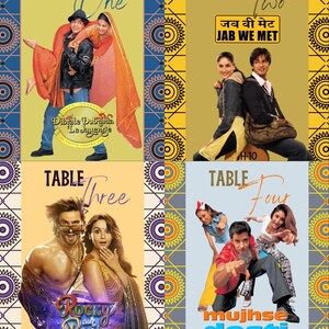 May include: A collage of six movie posters featuring Bollywood films. Each poster has a table number and the title of the film. The posters are arranged in a grid pattern.