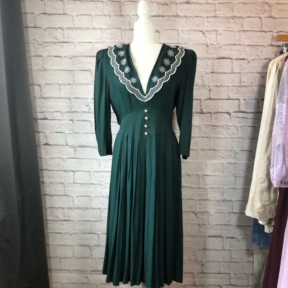 Vintage 80s SL Fashions Forest Green Midi Dress - image 1