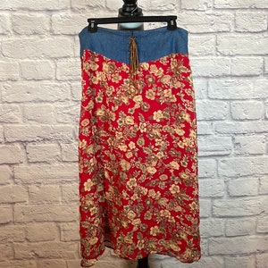 Vintage Y2K Floral Maxi Skirt with Denim Chambray Yoke
