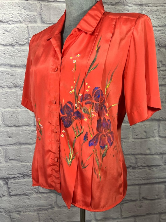 Vintage Peters & Ashley Liquid Silk Blouse with Handpainted Iris Flowers