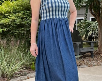 revolt denim dress 1990's 'Revolt' Blue Denim Dress With Cotton Plaid Accents and Square  Pockets Above the Knee