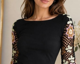 Vintage Y2K Joseph A Fischnetz und Floral Häkelapplikationen gewebte Bluse