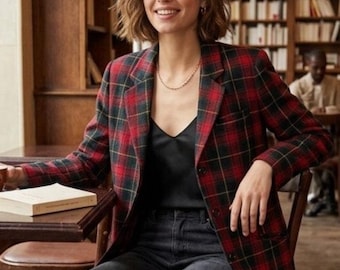 Vintage 90er Weißer Hirsch Tartan Karierter Woll Blazer
