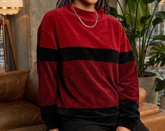 Sudadera de terciopelo con cuello alto a rayas estilo vintage Grannycore