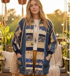 Op de afbeelding: Een patchwork spijkerjasje met een mix van blauwe, beige en bedrukte stoffen. De jas heeft zakken, decoratieve knopen en een relaxte pasvorm. Het model draagt het jasje met een crèmekleurige trui en een goudkleurige broek. Een beige geweven tas hangt aan de schouder van het model.
