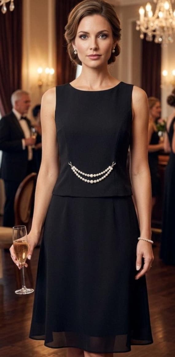Vintage Old Money Parisian Minimalist 2 Piece Dress Suit LBD with Pearl Chain Vintage Old Money Parisian Minimalist 2 Piece Dress Suit LBD with Pearl Chain