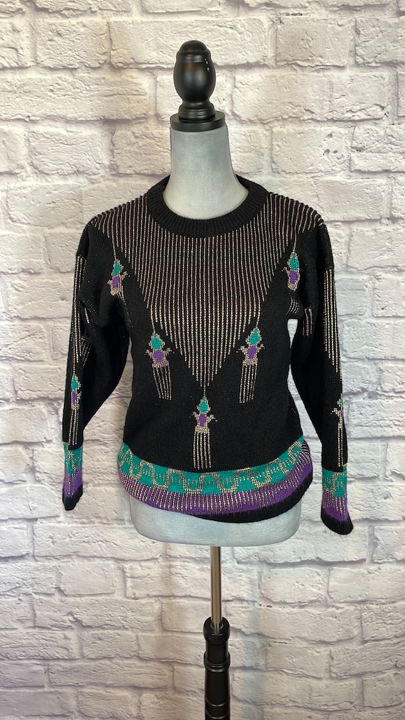 Vintage 90's Sweater with Metallic Gold Woven Thr… - image 1