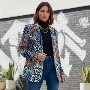 May include: A blazer featuring a multi-colored patchwork pattern with intricate floral and geometric designs in shades of blue, orange, and white. The blazer is worn over a black turtleneck sweater and paired with dark blue denim jeans.