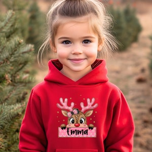 Personalized Coquette Reindeer Hoodie for Girls, Custom Christmas Hooded Sweatshirt, Child&#39;s Name Gift, Holiday Pullover Sweatshirt,