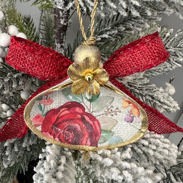 Set of 3 Hand Painted Decoupage Seashell Ornaments | Beachy Chic | Christmas Ornaments | Flower Ornament | Rose Ornament | Botanical ornamen