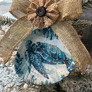 Hand Painted Decoupage Turtle Seashell Ornament | Christmas Ornament | Beachy Chic | Coastal Christmas | Handmade | Turtle Ornament | Rustic