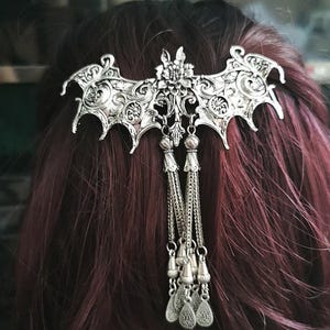 Gothic Bat Hair Clip with Filigree Silver Tassels