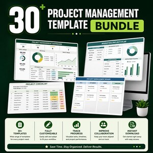 Könnte beinhalten: Ein Bündel mit über 30 Projektmanagement-Vorlagen, bestehend aus digitalen Dashboards, Marketingplänen und Checklisten mit Diagrammen. Die Anzeige enthält Textbeschriftungen für Vorlagen, Anpassbarkeit, Fortschrittsverfolgung und Sofort-Download.