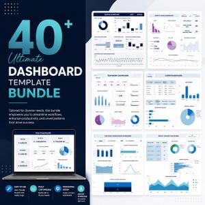 May include: A digital graphic promoting a "40+ Ultimate Dashboard Template Bundle." The image features a laptop displaying a dashboard, along with several other dashboard examples. The text highlights ease of use, customization, and professional design.