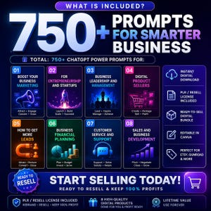 May include: A digital graphic advertising "750+ Prompts for Smarter Business." It features icons representing business marketing, entrepreneurship, leadership, digital products, leads, financial planning, customer service, and sales. The graphic promotes ready-to-resell digital products.