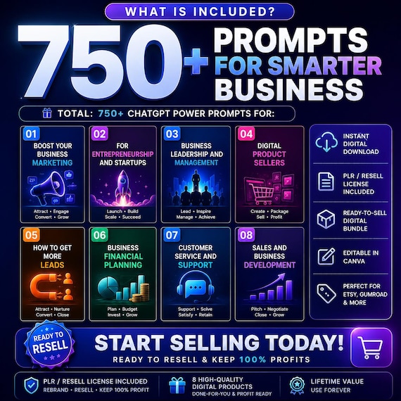 750+ ChatGPT Power Prompts Bundle | Editable Canva PLR eBooks | AI Prompt Pack for Business & Marketing | Resell Rights