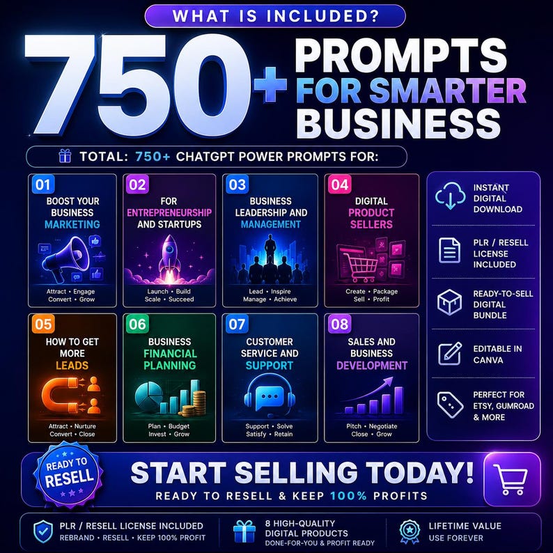 May include: A digital marketing graphic with the text "750+ Prompts for Smarter Business." It includes icons for marketing, entrepreneurship, leadership, digital products, leads, financial planning, customer service, and sales. The graphic promotes ready-to-resell digital products.