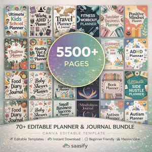 Könnte beinhalten: Eine Sammlung farbenfroher Planer- und Journal-Cover, darunter Themen wie Fitness, Reisen und Business. Das Bild zeigt eine zentrale Grafik mit "5500+ PAGES" und dem Text "70+ EDITABLE PLANNER & JOURNAL BUNDLE".