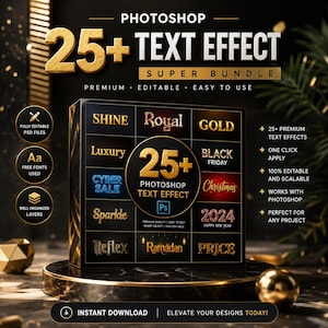 3D Text Effect Bundle Photoshop | 30 Editable PSD Text Styles | Smart Object 3D Typography for POD, KDP & Marketing