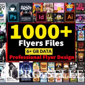 Op de afbeelding: Promotieafbeelding met meer dan 1000 flyerontwerpen, met de tekst "Professional Flyer Design". De afbeelding bevat logo's voor Adobe Photoshop, Illustrator en InDesign en toont verschillende evenemententhema's.
