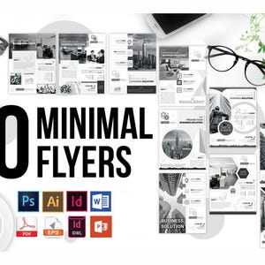 Può includere: Una collezione di dieci volantini minimalisti in bianco e nero, con il testo "10 MINIMAL FLYERS". I volantini presentano immagini legate al business e icone di software. Sono presenti anche una tazza di caffè, cuffie e occhiali.