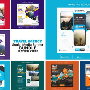 May include: A collection of travel agency social media banner designs. The bundle includes 18 unique designs with various layouts and color schemes. The banners feature images of landscapes and people, with text overlays promoting travel and holidays.
