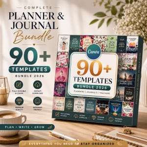 May include: A digital product bundle featuring 90+ planner and journal templates for 2026, presented in a square box design. The cover displays various themed covers including pregnancy, wedding, and fitness journals, with the text 90+ TEMPLATES BUNDLE 2026.